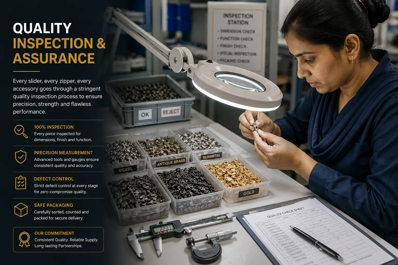 IA Fastners quality inspector examining zipper slider components at an inspection station